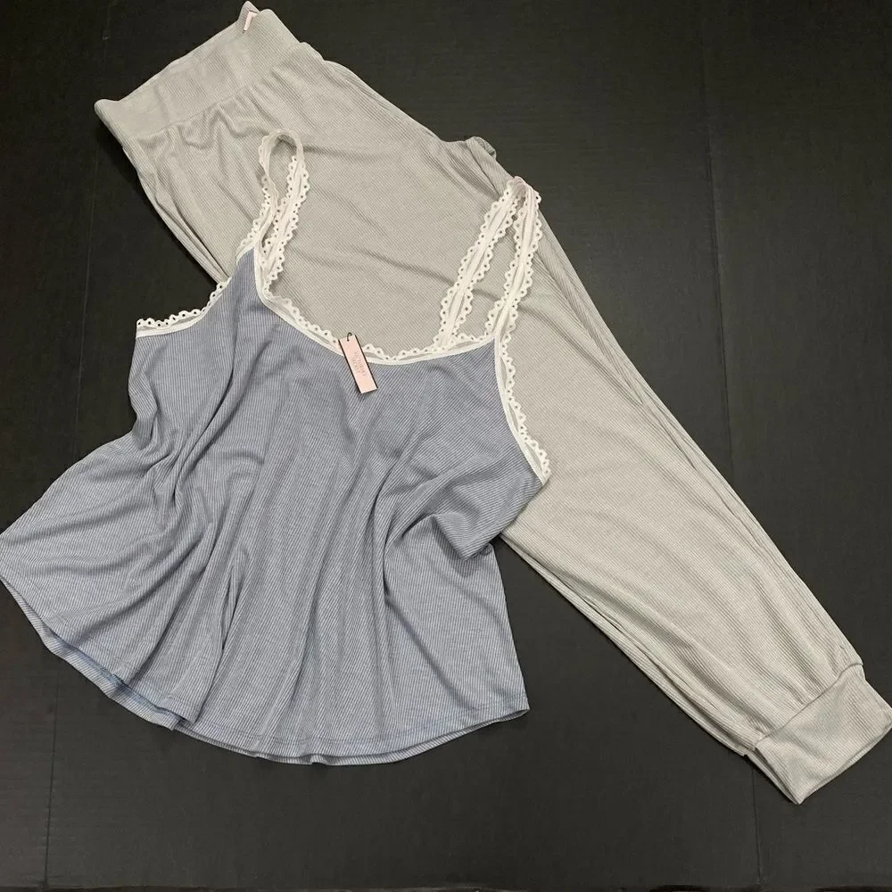 Victoria’s Secret Ribbed cami tank & pants pajama set Champagne Large